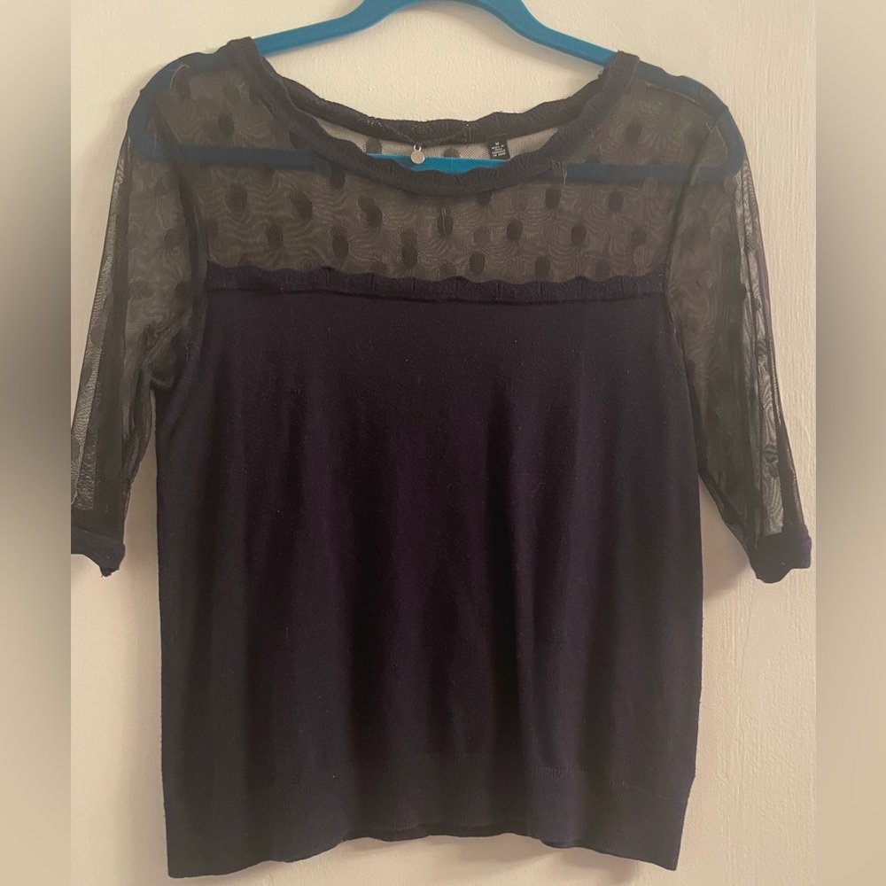 Anthropologie 1/4 Sleeve Sweater Dotted Mesh Neckline